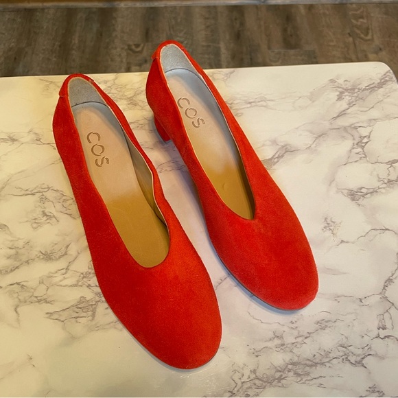 COS Dark Orange Suede Block Heel Round Toe Pumps 6 - Picture 2 of 13